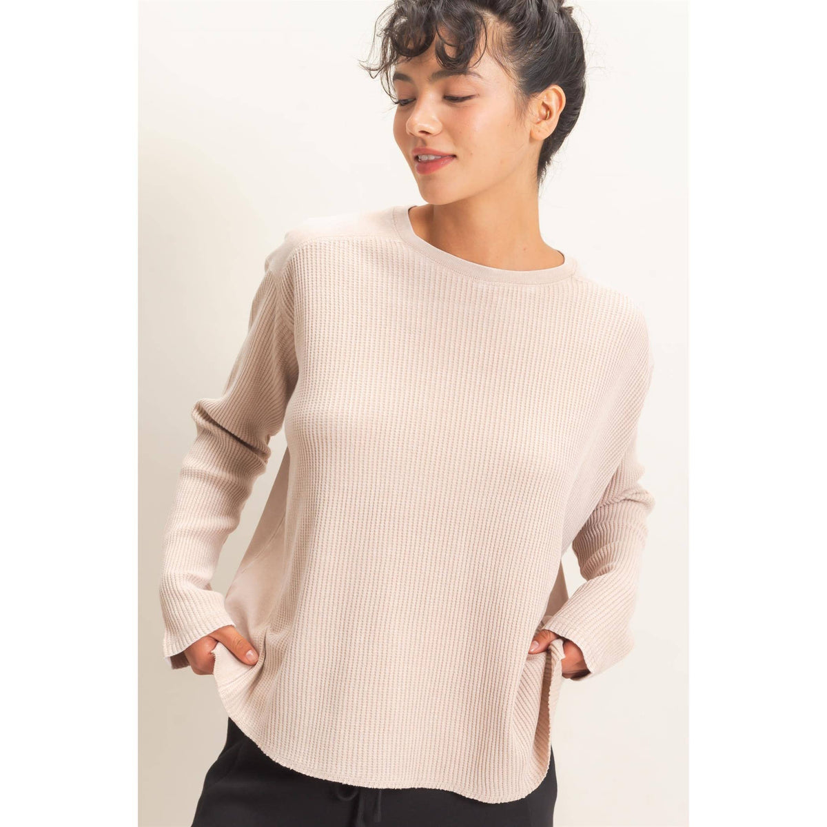 Slow Mornings Waffle Knit Top: Cream Taupe