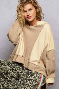 Notched Neck Contrast Fabric Basic Long Sleeve Top SALE: GREY MULTI / L