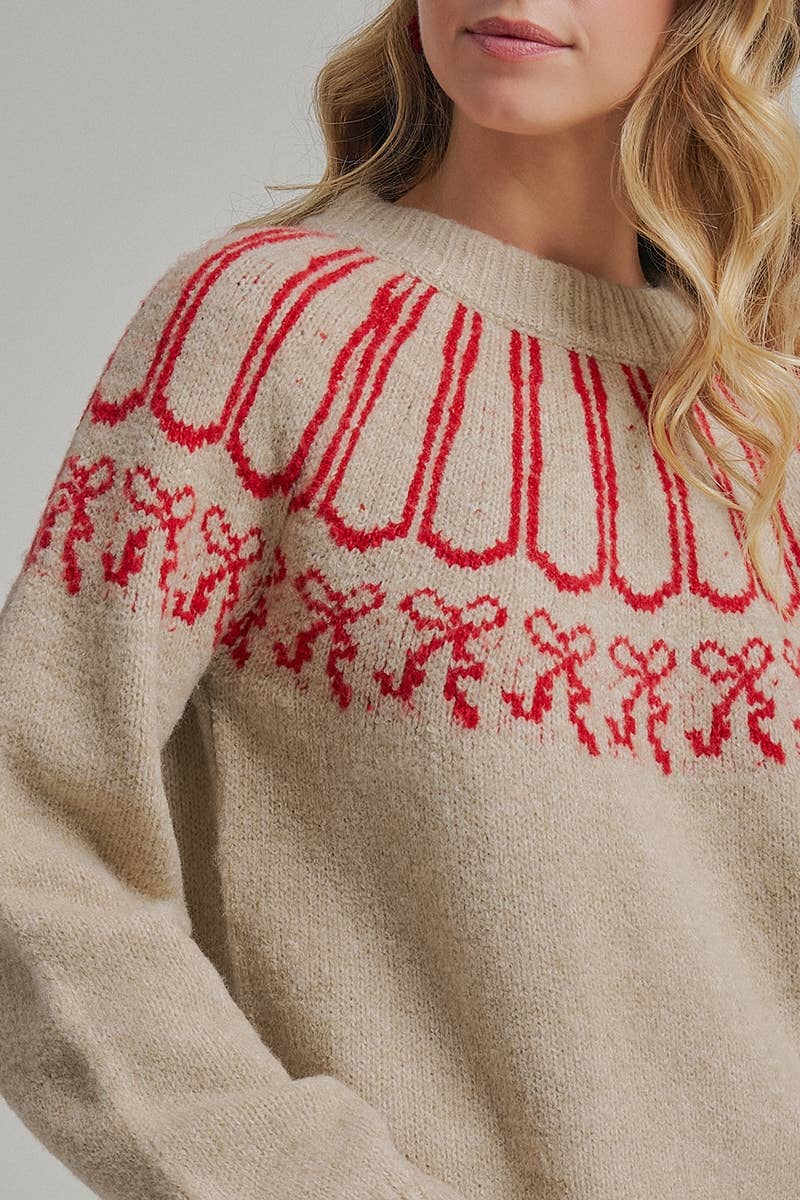 Tied with a Bow Holiday Sweater: Taupe/ Red