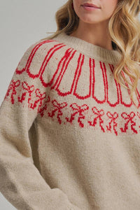 Tied with a Bow Holiday Sweater: Taupe/ Red