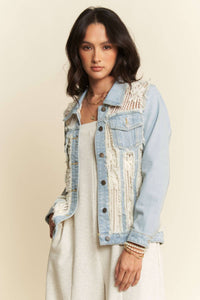 The Clara Lace Patch Denim Jacket – Light Wash Button-Up with Boho Details