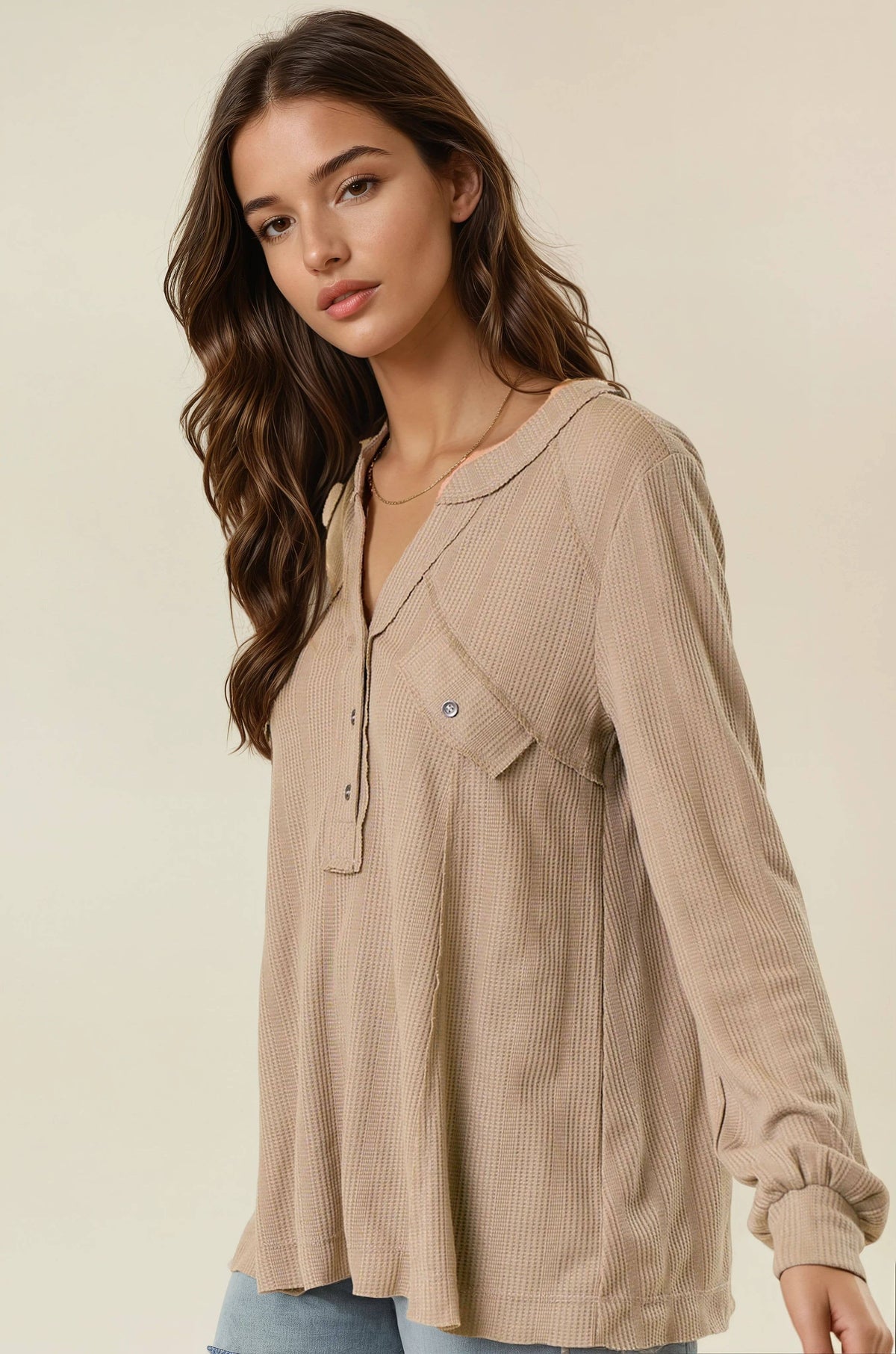 Callista Stripe Waffle Oversized Henley Top: Mushroom – Women’s Split V-Neck Long Sleeve Casual Shirt