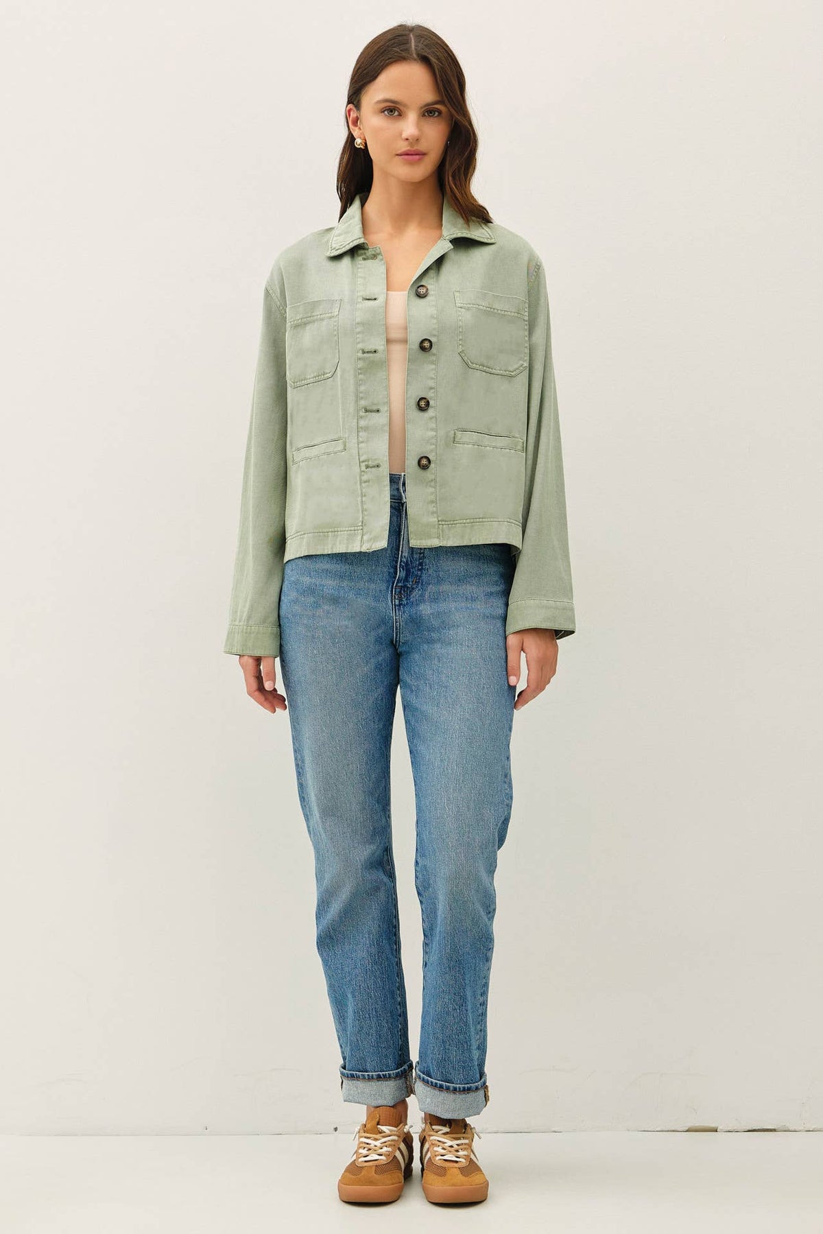 The Rowan Washed Twill Jacket: Sage – Tencel Linen Blend Boxy Utility Jacket