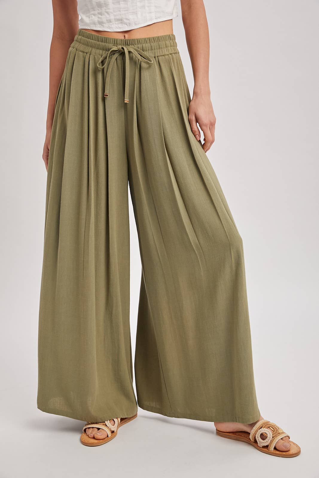 The Everly Flowing Wide Leg Pants: Lt Olive – High Waist Drawstring Palazzo