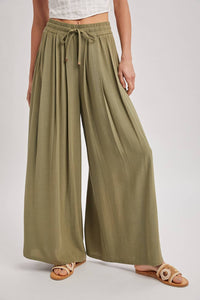 The Everly Flowing Wide Leg Pants: Lt Olive – High Waist Drawstring Palazzo