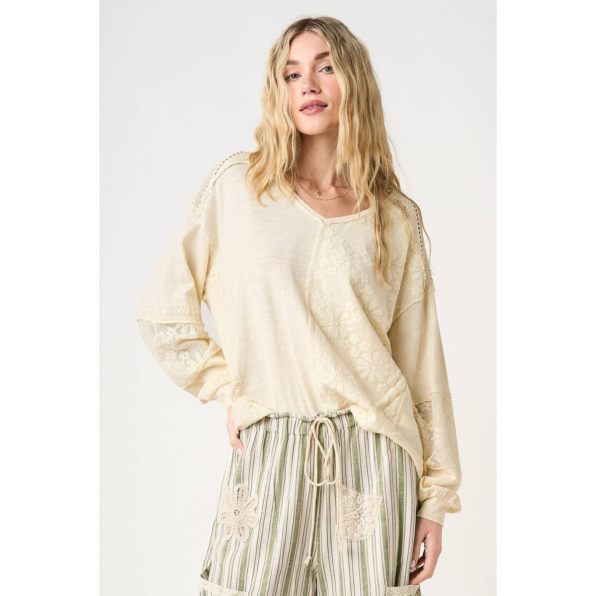 The Willow Lace Mix Top: Natural