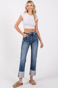 Remi High Rise Slim Straight Jeans – Dark Wash Cuffed Denim with Raw Hem