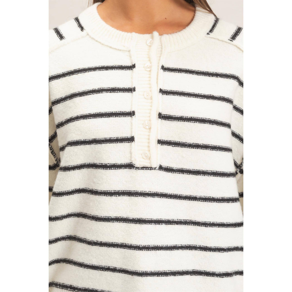 Easy Rhythm Stripe Henley Sweater: Cream