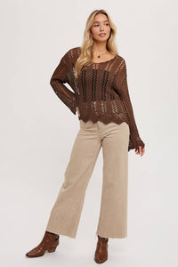 The Elowen Scalloped Hem Open Knit Pullover – Chocolate Brown Long Sleeve Sweater Top