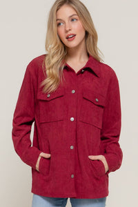 Amber Long Sleeve Front Pocket Button Down Corduroy Jacket: Burgundy