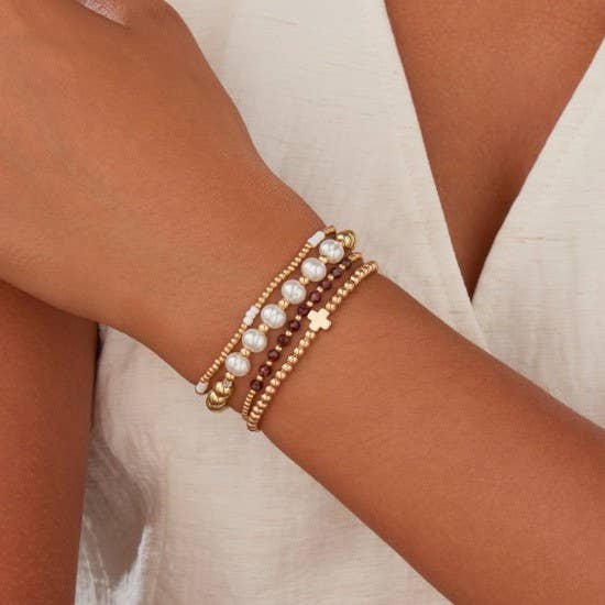 Gold Pearl & Ball Stretch Bracelet – Layered Beaded Elegant Stackable Bracelet