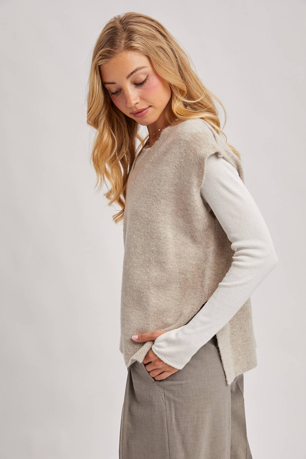 The Marlowe V-Neck Sweater Vest – Women’s Knit Layering Top, Classic Ribbed Trim, Neutral Fall Outfit Essential