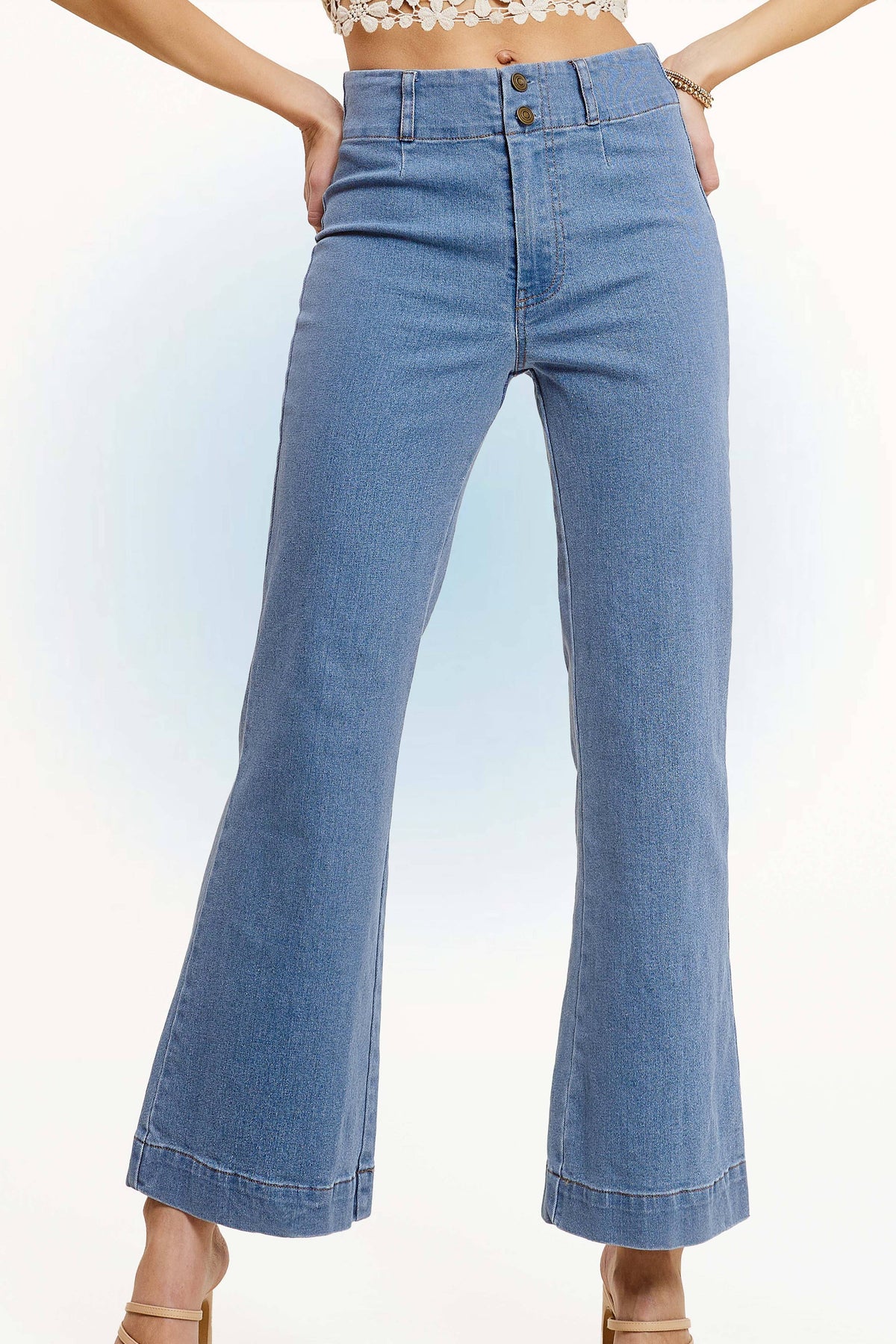 Olive High Rise Wide Leg Flare Pants – Soft Washed Stretch Denim