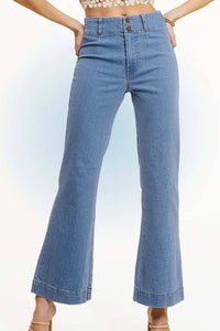 Olive High Rise Wide Leg Flare Pants – Soft Washed Stretch Denim