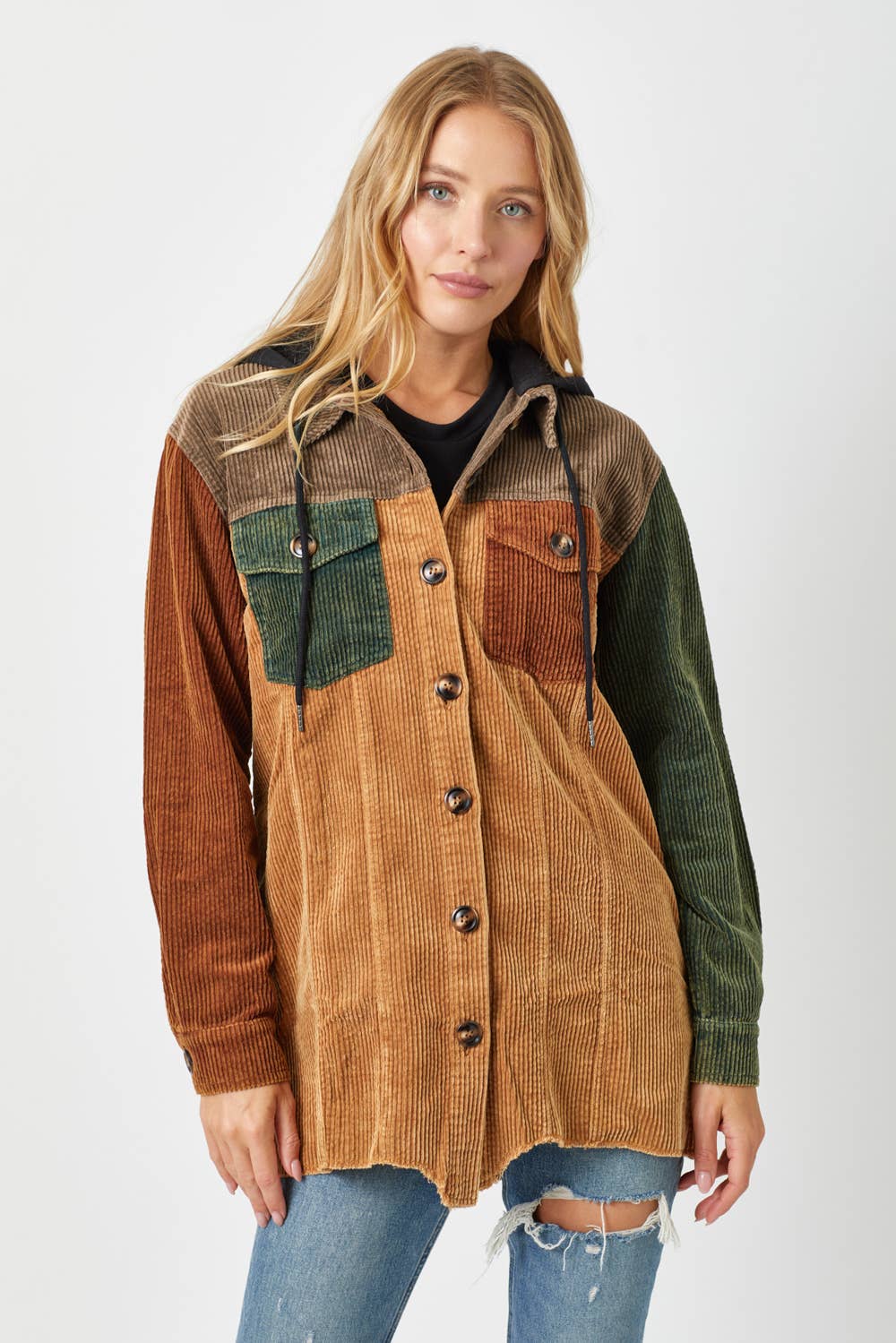 Sadie Color Block Corduroy Hoodie Shacket – Washed Button Down Hi-Low Hem