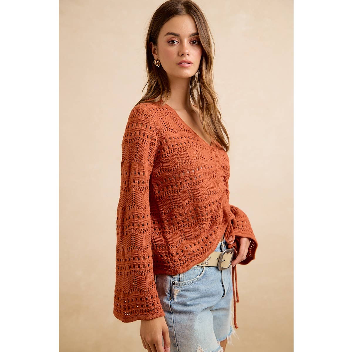The Harvest Glow Ruched Knit Sweater: Terracotta