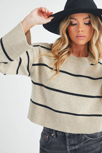 Ainslie Cashmere-Blend Striped Sweater: Oat/Black – Cropped Boxy Fit with Wide Sleeves & Ribbed Trim