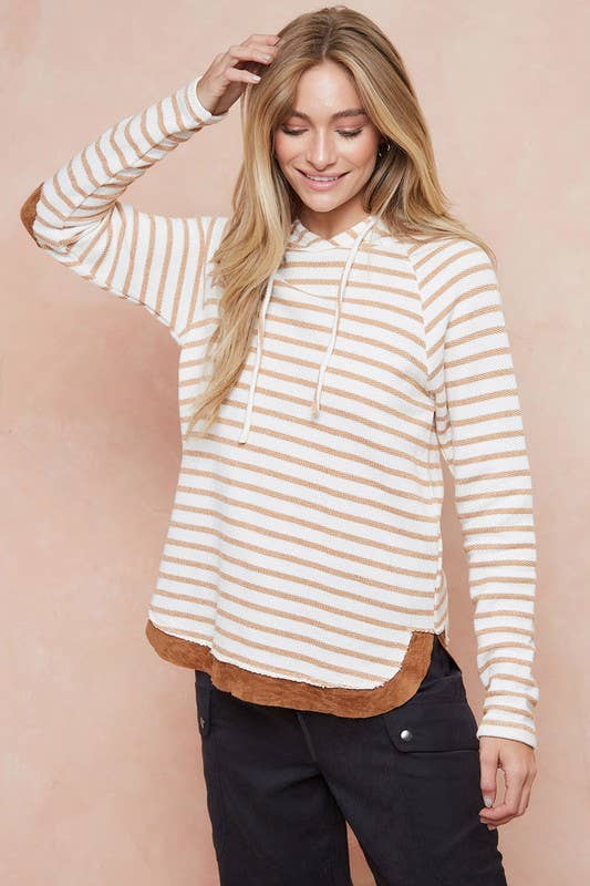 Paige Striped Hoodie Top With Elbow Patch: Toffee