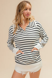 Going Coastal Collared Striped Long Sleeve Top: Ivory/ Black