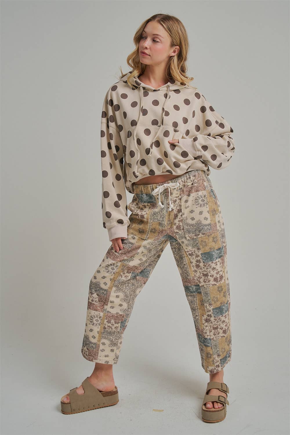 Autumn Story Patchwork Mid Rise Elastic Waist Drawstring Pants