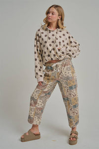 Autumn Story Patchwork Mid Rise Elastic Waist Drawstring Pants