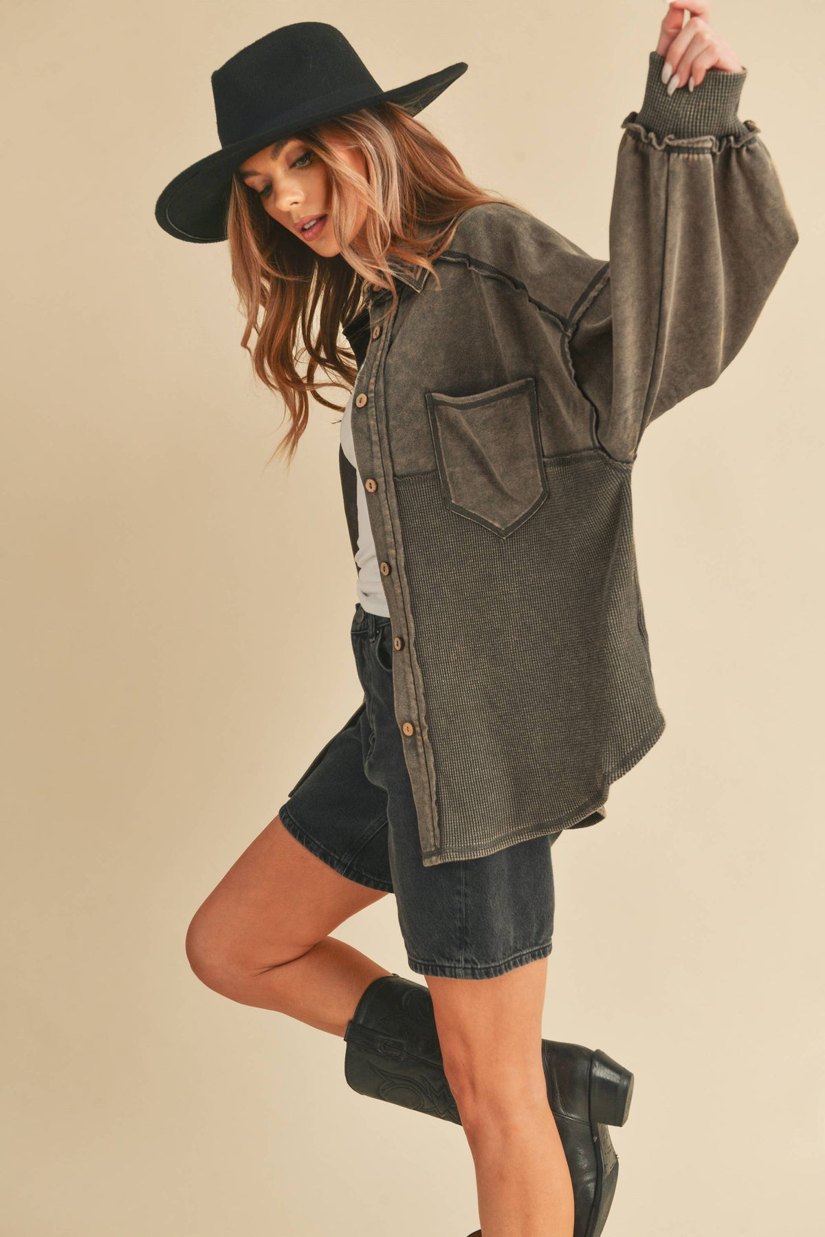 The Judie Mixed Media Vintage Wash Jacket : Charcoal – Relaxed Button Front Layering Shacket for Women