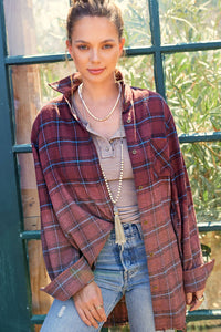Kayla Vintage Wash Oversized Plaid Flannel Button-Up Shirt: Chocolate – Long Sleeve Layering Top