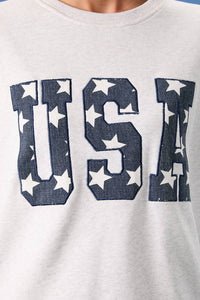 USA Star Patch Sweatshirt: Light Grey – Patriotic Relaxed Fit Fleece Pullover