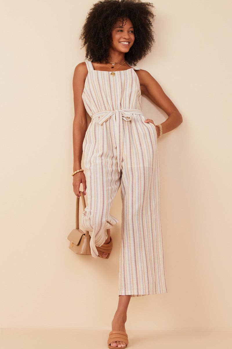 Sunwashed  Striped Belted Sleeveless Jumpsuit: Taupe