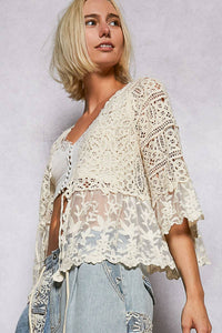 V-neck Short Sleeve Crochet Floral Lace Cardigan: NATURAL / OS
