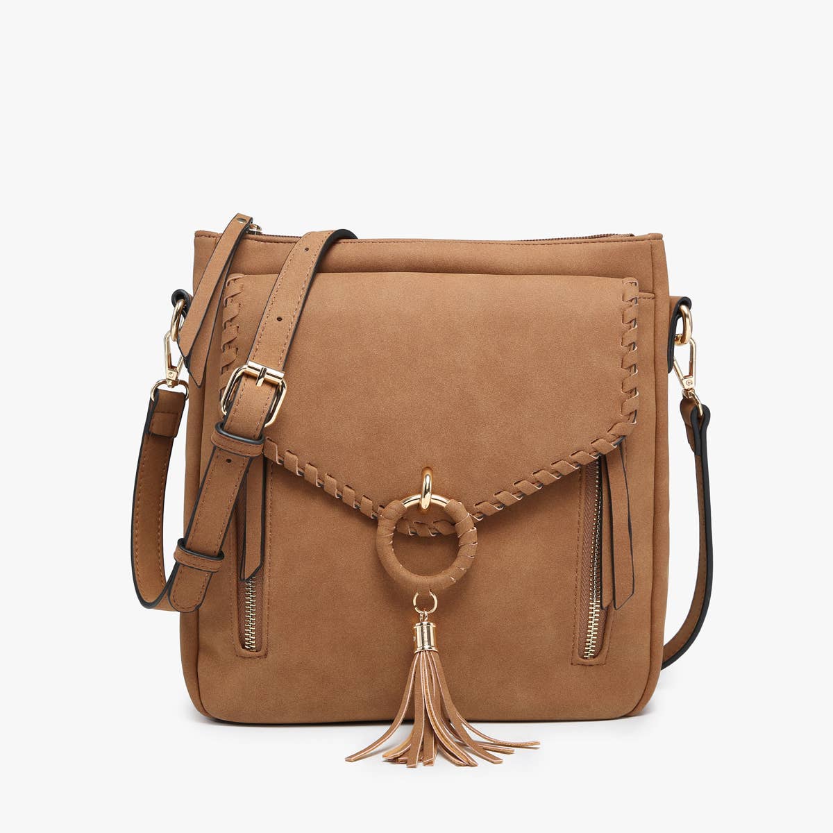 Jen & Co. Layla Faux Suede Whipstitch Crossbody: Brown – Braided Flapover Tassel Bag