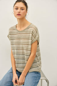 The Alessia Striped Crochet Sweater Top: Sage  – Oversized Boat Neck Spring Knit