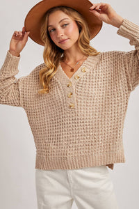 owan Button-Front Thermal Sweater Top – Cozy Knit Henley, Neutral Fall Sweater | Northern Belle Boutique