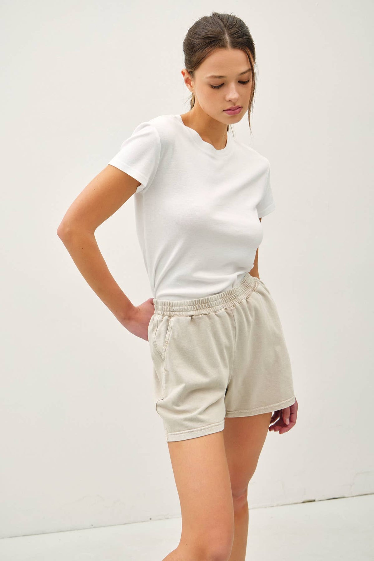 The Piper Pull On Shorts: Stone  – Soft High Rise Elastic Waist Everyday Shorts