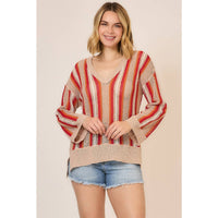 Sunset Stripe Open Knit Sweater: Taupe/ Tomato