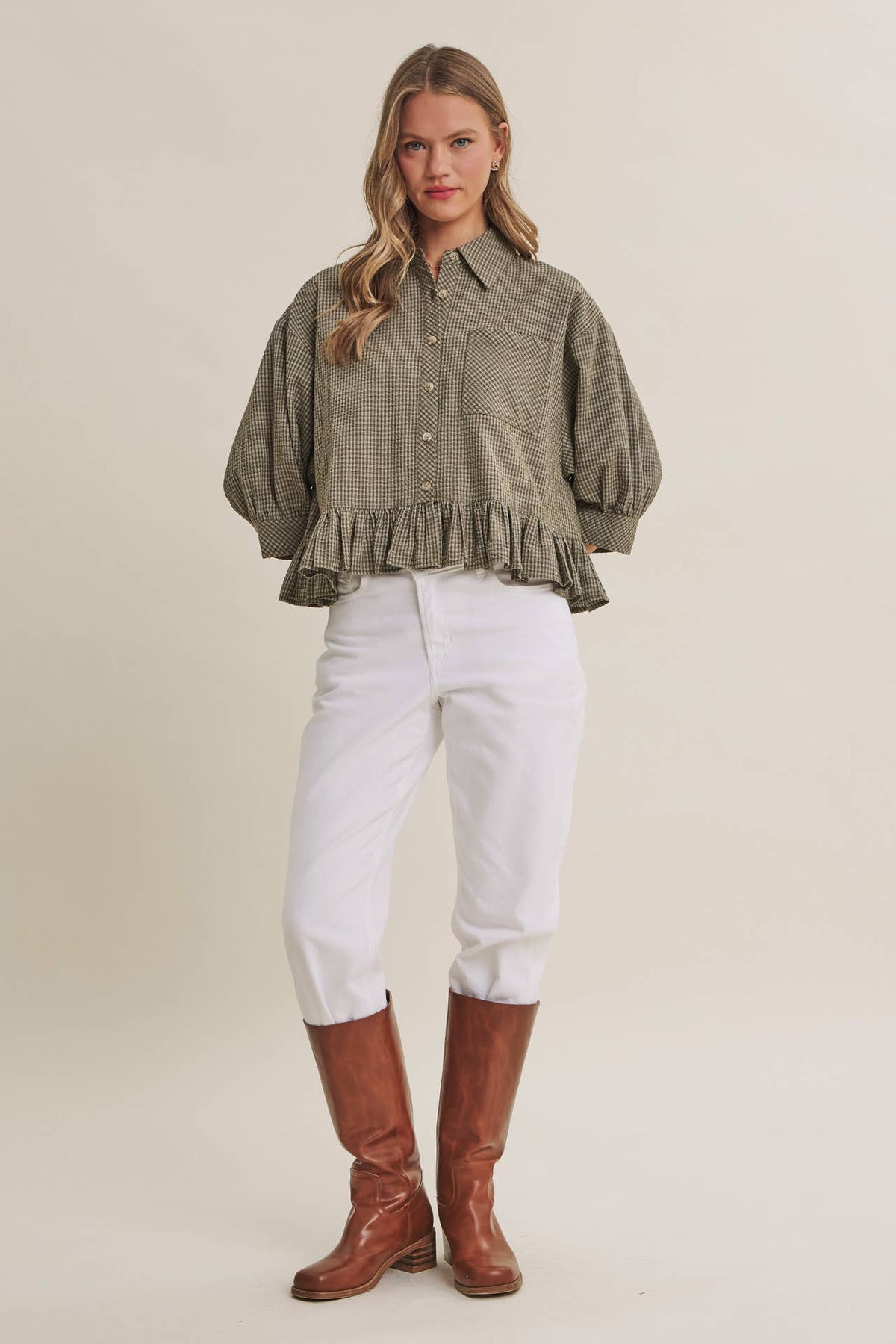 MORNING OAT MICRO CHECK RUFFLE HEM BUTTON-DOWN SHIRT: VANILLA / S