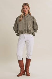 MORNING OAT MICRO CHECK RUFFLE HEM BUTTON-DOWN SHIRT: VANILLA / S