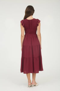 The Sutton Smocked Flutter Sleeve Midi Dress – Wine Tiered Lined Dress