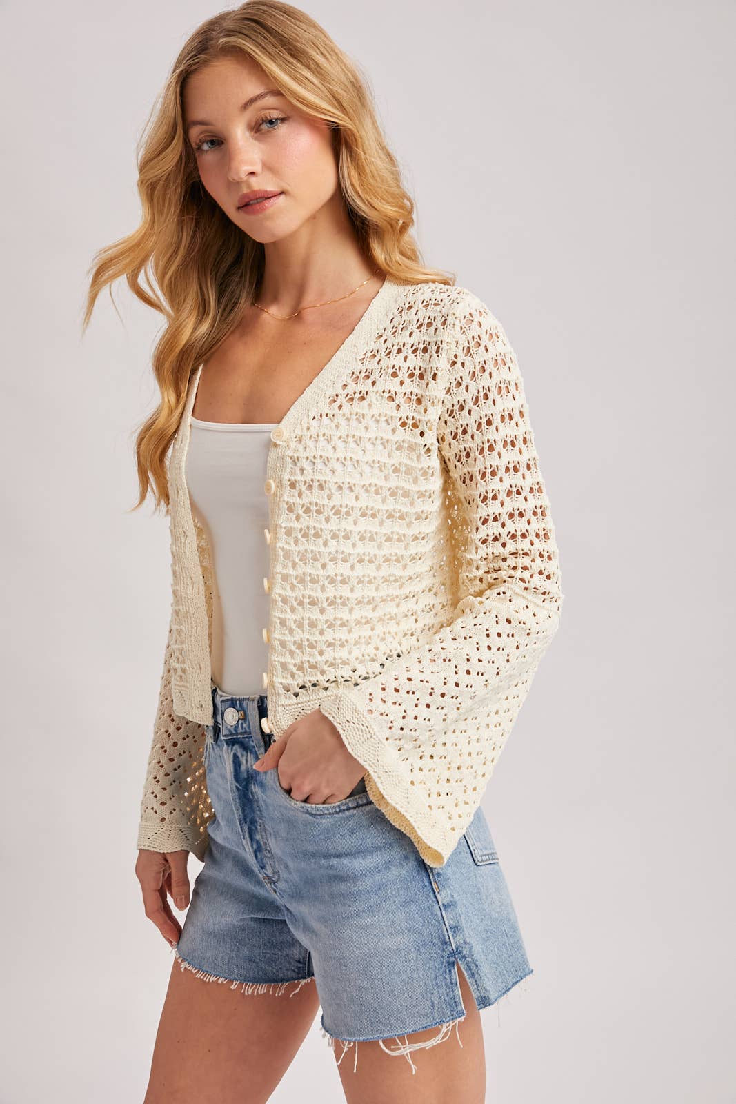 Ivory Crochet Button Front Cardigan: Ecru