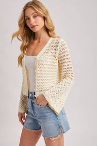 Ivory Crochet Button Front Cardigan: Ecru