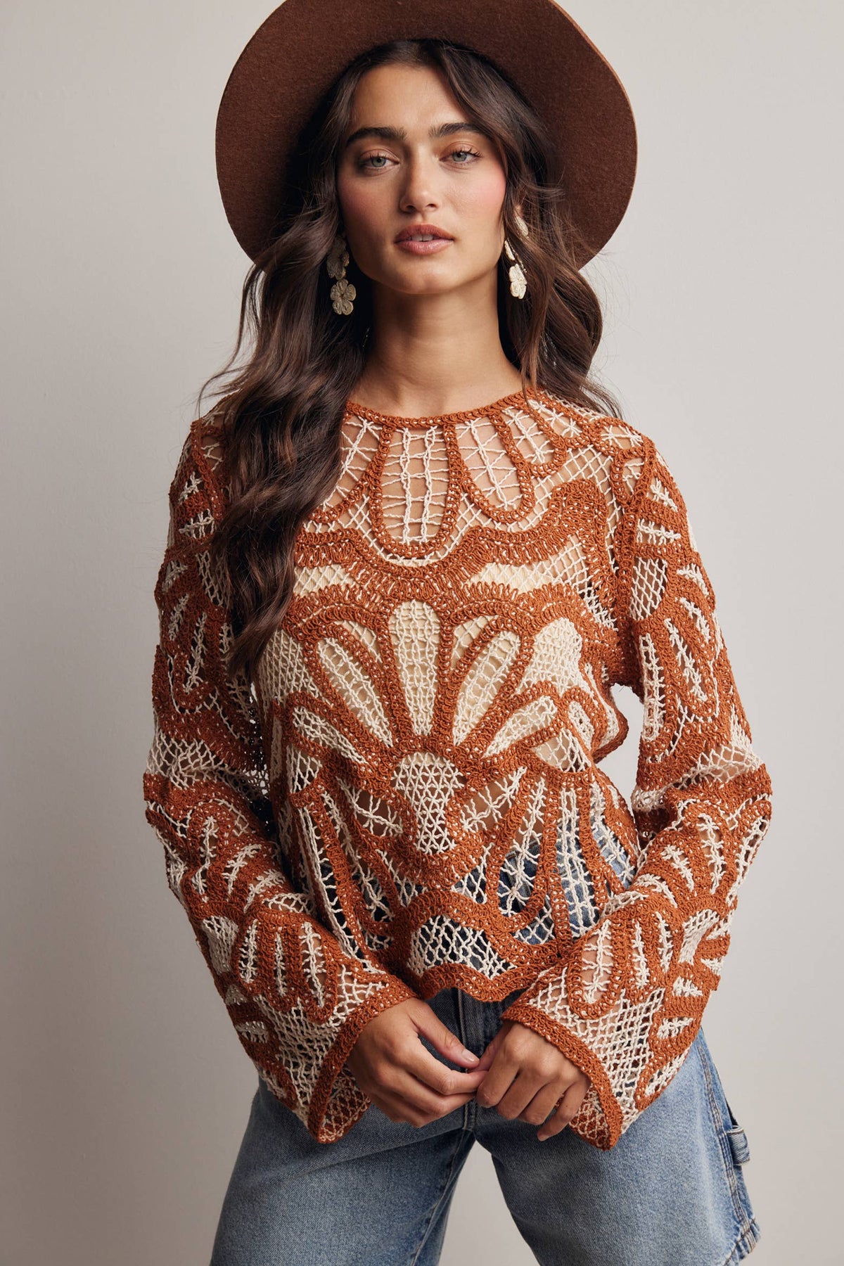Camille Floral Crochet Knit Sweater