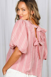 The Blakely Plaid Bow Back Blouse: Red – Bubble Sleeve Feminine Tie Back Top