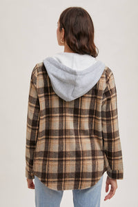Rowan Hooded Plaid Flannel Shacket – Mocha & Taupe Button-Front Jacket