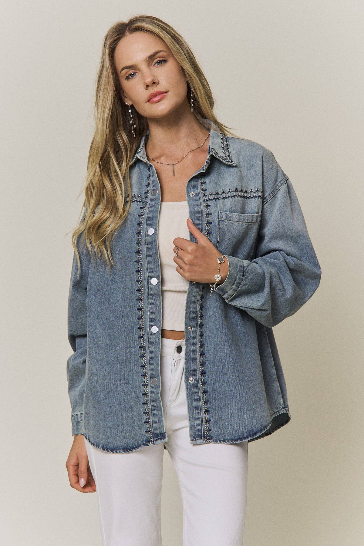 Maren Embroidered Denim Button-Up Shacket: Medium Wash