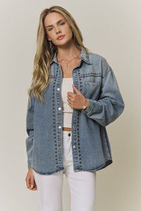 Maren Embroidered Denim Button-Up Shacket: Medium Wash