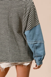 Maria Stripe Denim Sleeve Long Sleeve Top: Black