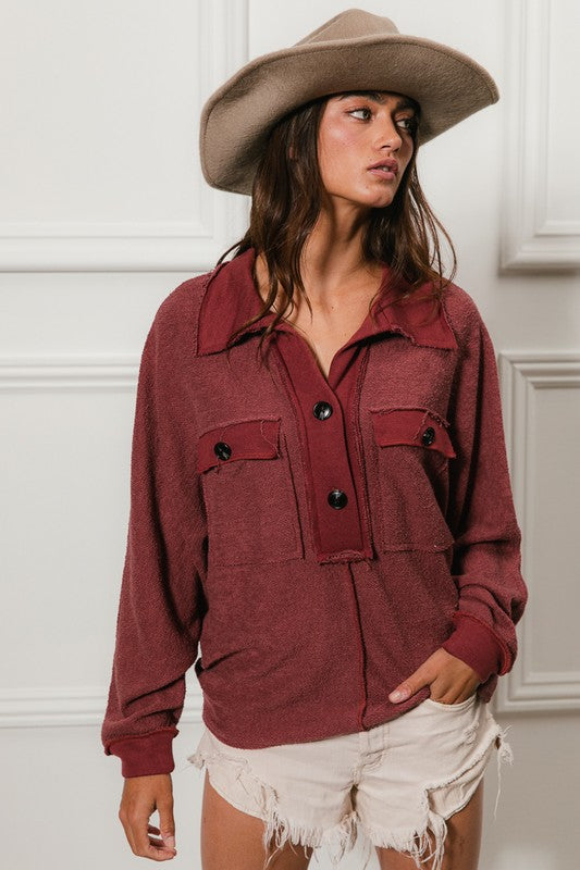 Lottie Button Detail Pullover: Marsala