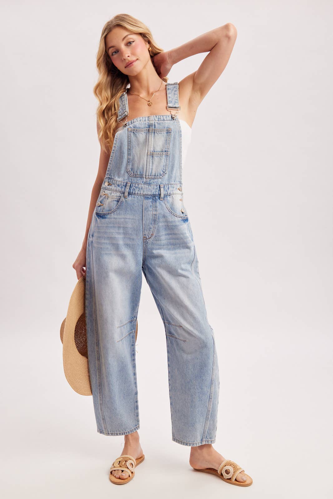 The Remi Barrel Leg Denim Overalls: Lt Wash  – Relaxed Wide Leg Casual Overalls