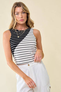 Brett Mixed Stripe Knit Sleeveless Top: White/Black