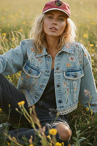 Magnolia Mae Embroidery Lace Trim Denim Jacket